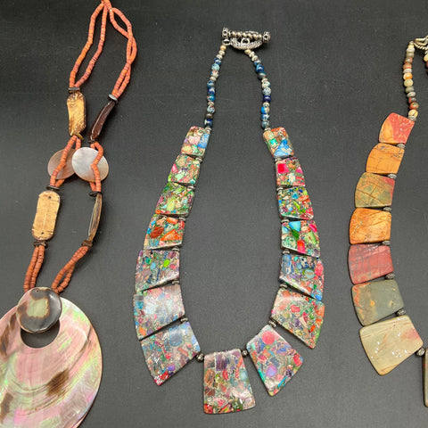 Boho Statement Necklaces Lot of 3 Jasper Stone Abalone Shell Mosaic Beads