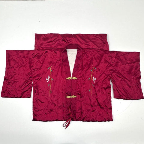 Vintage 80s Peacock Embroidered Satin Robe Kimono Frog Closure Burgundy Sz L