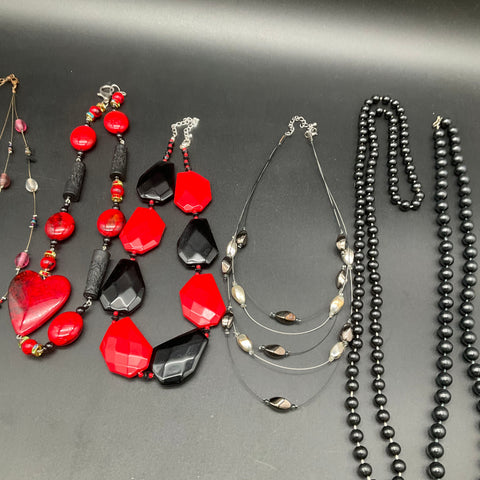 Vintage to Modern Costume Jewelry Necklace Lot of 9 Red Black Beaded Pendants