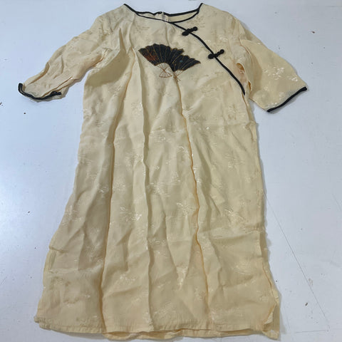 Vintage Futaba Women's Yellow Cheongsam Qipao Dress Fan Applique Size Medium