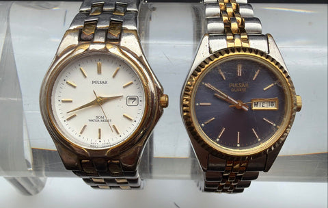 Pulsar Two-Tone Quartz Watches Lot of 2 Blue and White Dials Vintage Japan Movt