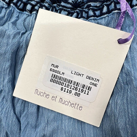 NWT Muche et Muchette Embroidered Trim Boho Crinkle Tunic Dress Blue Sz O/S