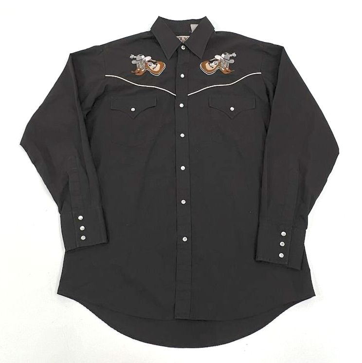 VTG Men's Ely Cattleman Black Embroidered Cowboy Long Sleeve Shirt - Size Medium