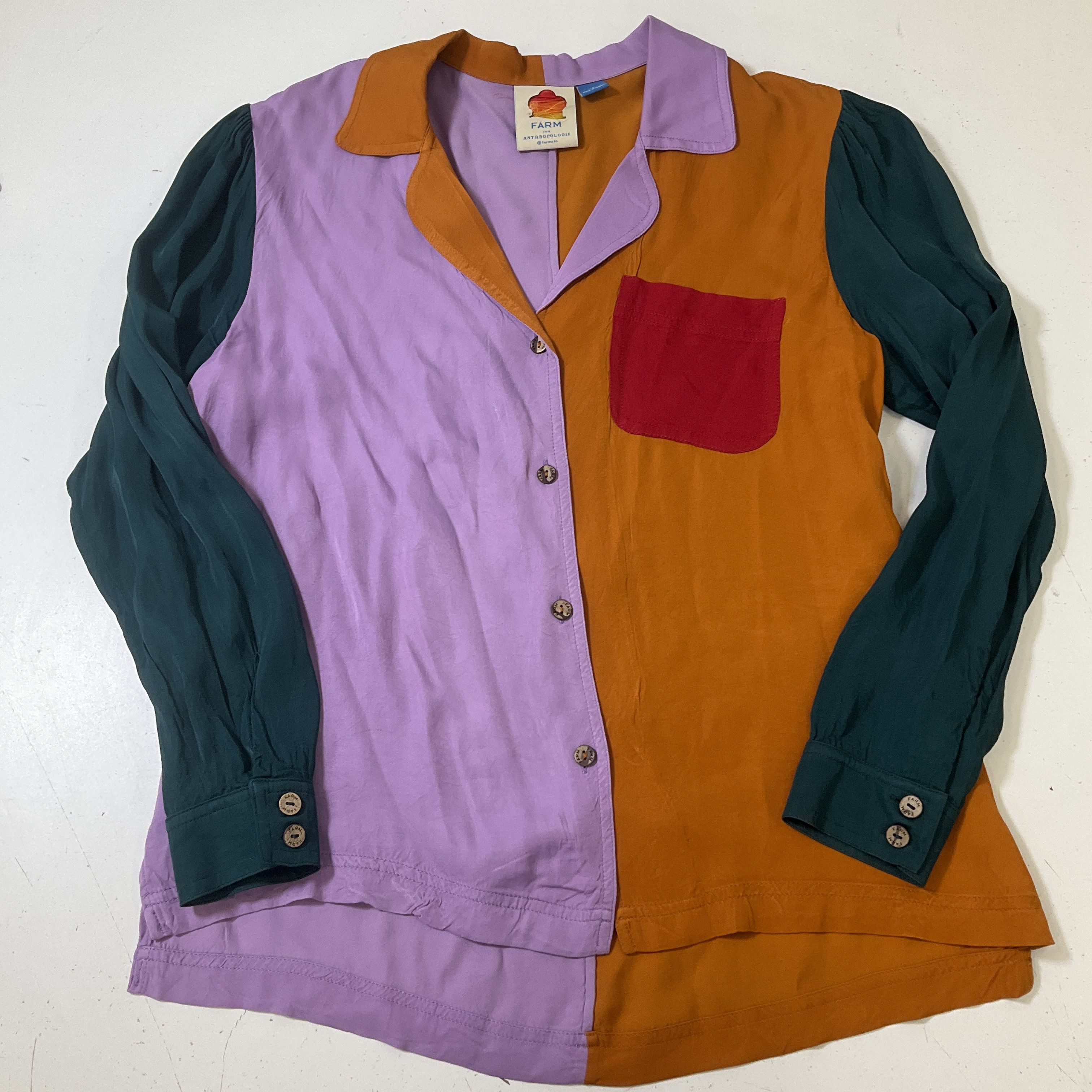 Anthropologie Farm Rio Multicolor Colorblock Puffed Sleeve Button Up Size Small