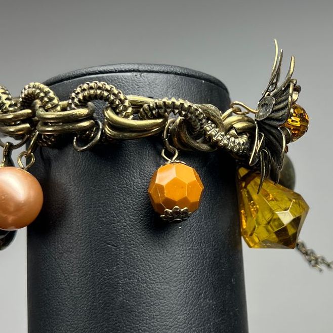 Yellow Brown Beaded Floral Charm Bracelet