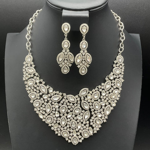 Vintage Style Rhinestone Bib Statement Necklaces Matching Earrings Lot of 2