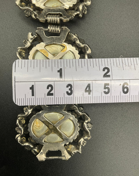 Vintage 1960s Chunky Repousse Faux Pearl Silver Tone Baroque Link Bracelet 7.5"