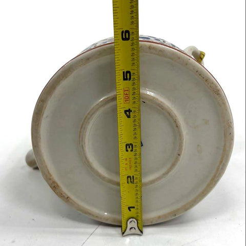 Ceramic Teapot Blue Floral Vine Pattern with Lid & Rattan Handle