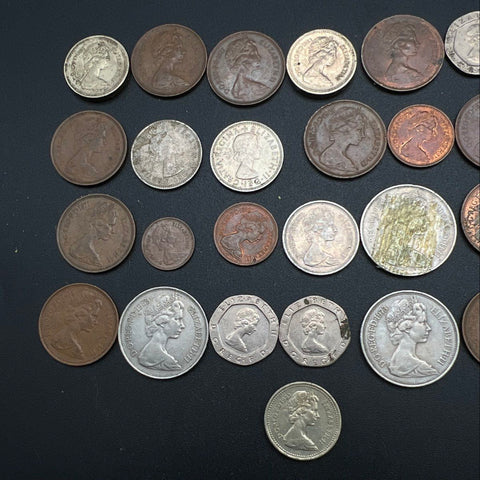 Vintage British Coin Lot 29 Pieces Mixed Denominations Elizabeth II Glue Residue