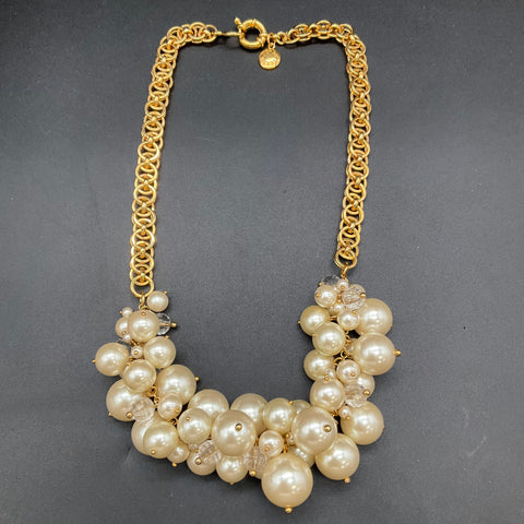 J. Crew Gold Tone Faux Pearl Statement Bib Necklace Cluster 18"