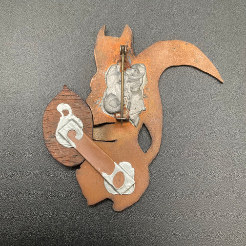 Vintage Handmade Folk Art Mixed Metal & Wood Squirrel Nut Brooch Pin