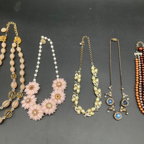 Vintage Costume Jewelry Lot of 5 Necklaces Faux Pearl Rhinestone Floral Wear