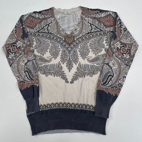 Etro Vintage Y2K Ivory Navy Paisley V-Neck Knit Sweater Women's IT 42