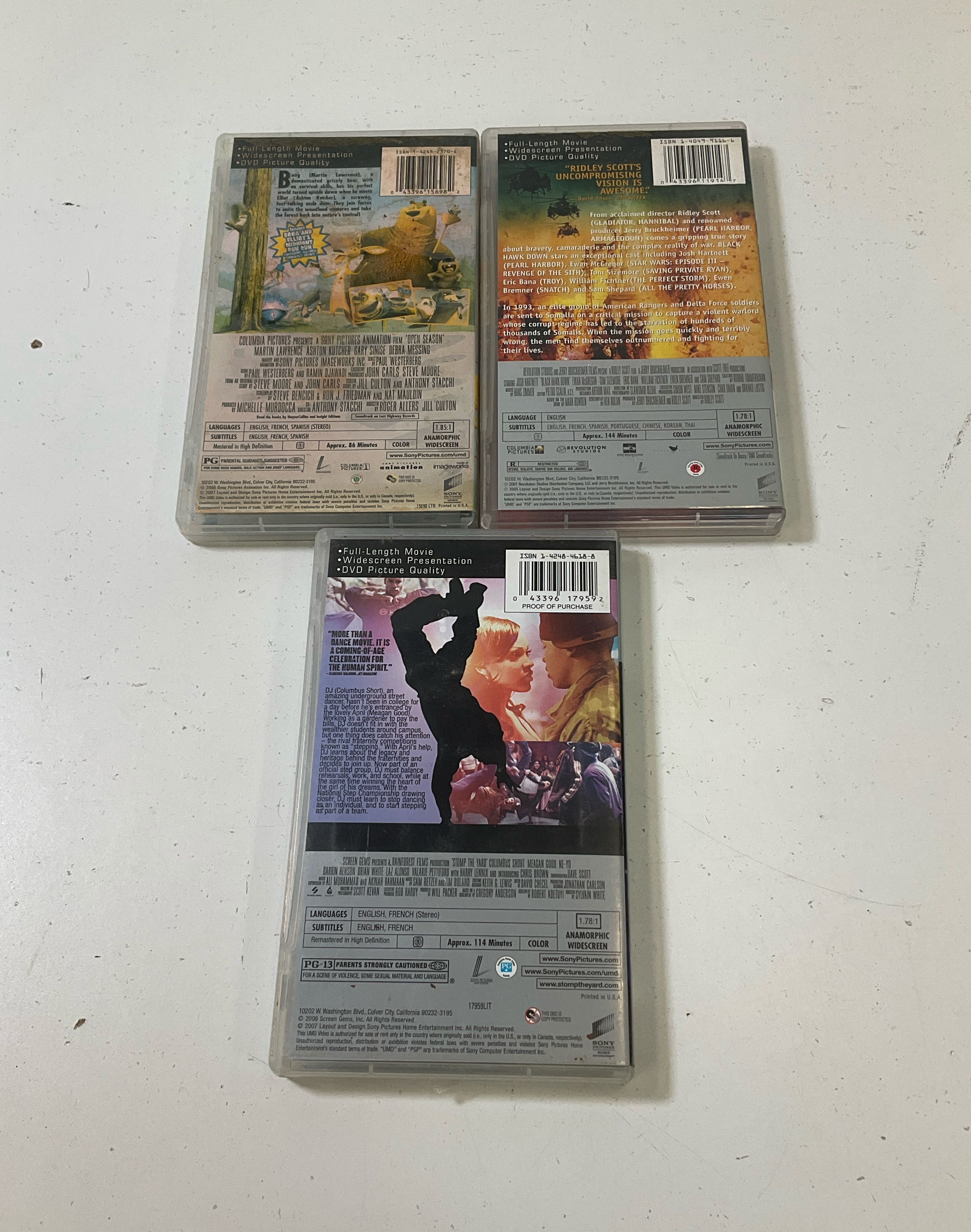 3 PSP UMD Videos UNTESTED Open Season Black Hawk Down Stomp the Yard