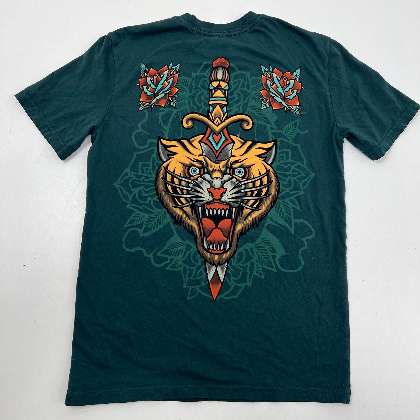 Affliction Dragon Skull Tiger Dagger Graphic T-Shirt Womens Sz M