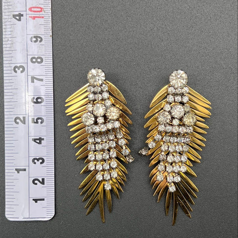 Dora Mae Gold Tone Rhinestone Palm Frond Statement Dangle Earrings