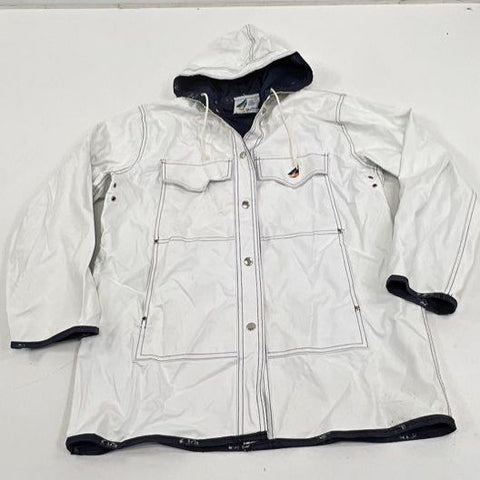 Vintage 80s Misty Harbor Any Weather Slicker Rain Coat Hooded Sailboat Logo Sz M