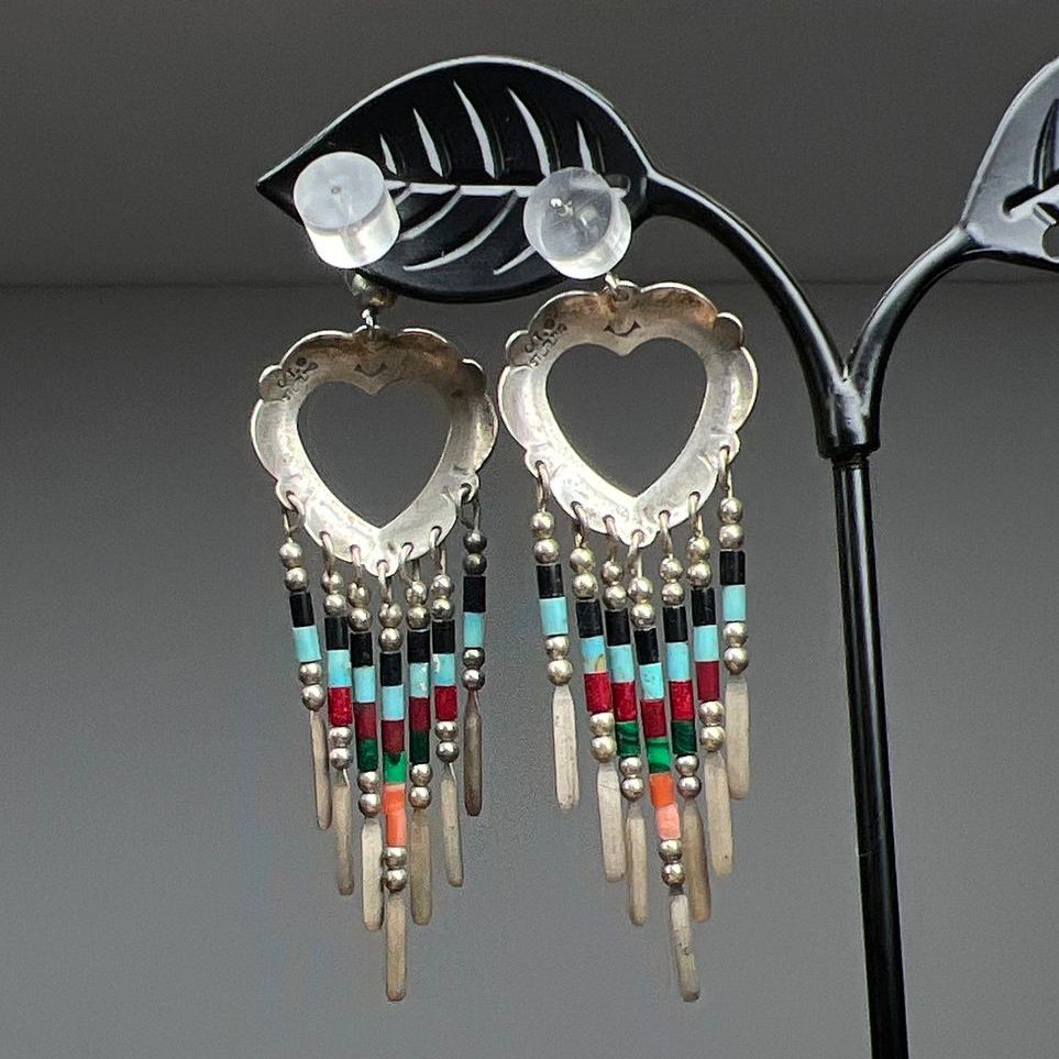 O.T. Sterling Silver Heart Native American Style Beaded Earrings 5.6g