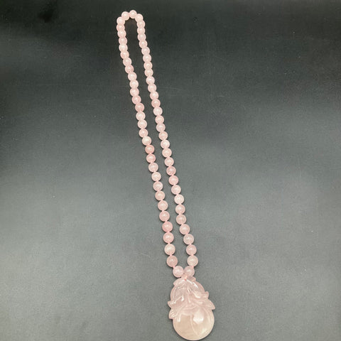 Rose Quartz Beaded Necklace with Carved Peach Fruit Pendant Pink Gemstone 15.5"