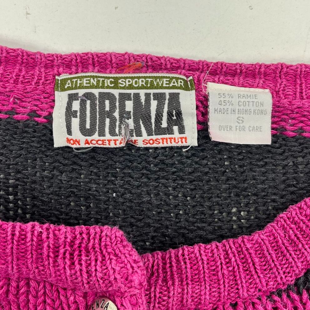 Vintage 80s Forenza Pink Black Striped Ramie Cotton Cardigan Sweater Womens S