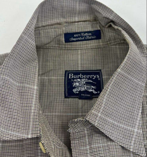 Vintage 90s Burberrys Men's Gray Plaid Houndstooth Cotton Button Up Shirt USA L