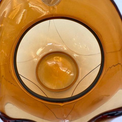 Vintage Amber Art Glass Pitcher 10" Hand Blown Clear Applied Handle MCM Style