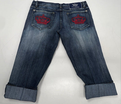 Victoria Beckham Rock & Republic Women's Capri Jeans Blue Crown Embroidery Sz 30