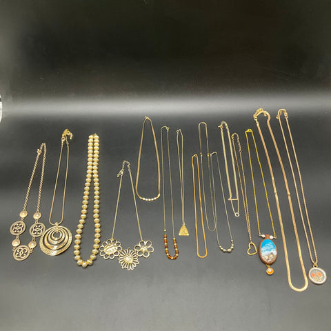 Vintage to Modern Costume Jewelry Lot 16 Necklaces Gold Tone Pendants 0.5 lb