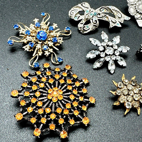Vintage and Modern Rhinestone Floral Starburst Brooches Jewelry Lot of 8