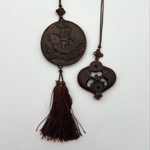 Vintage Carved Chinese Koi Fish & Boy on Carp Pendant Necklaces Lot of 2