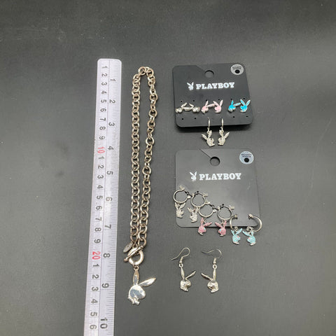 Playboy Fashion Jewelry Lot Necklace Hoop Stud Hook Earrings Rhinestone Bunny