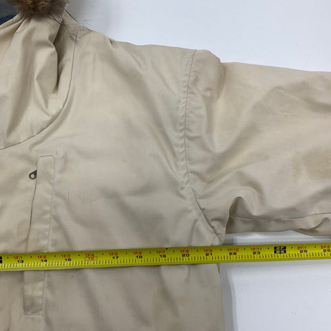 Woolrich Beige Tan Vintage 80s Plaid Lined Faux Fur Hood Parka Coat Womens M