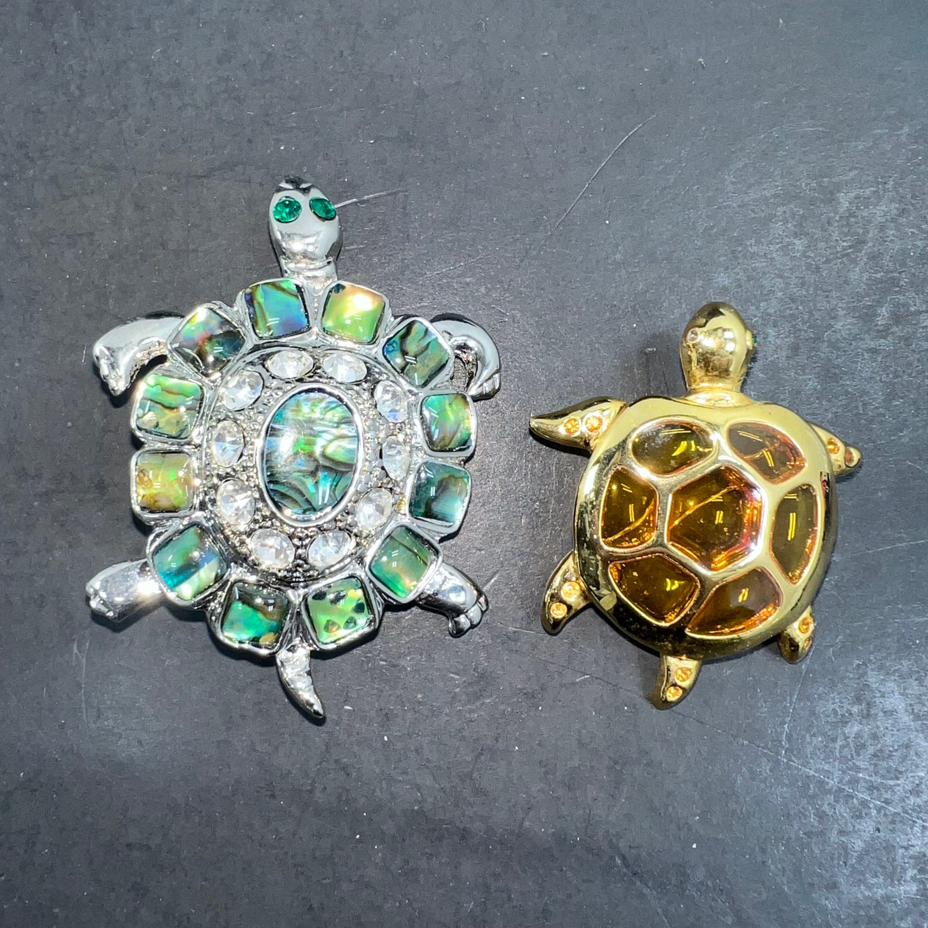 Lot of 2 Turtle Brooches. Bejeweled Silver and Gold Tone