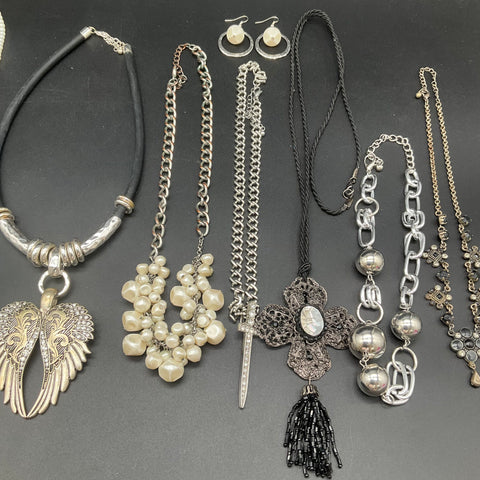 9 Piece Fashion Jewelry Lot Necklaces Earrings Gothic Angel Wing Orca Dog Tag