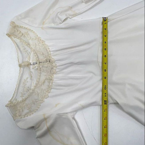 Vintage 80s Modest Wedding Dress Long Sleeve Lace Pearl Beaded Neckline Gown