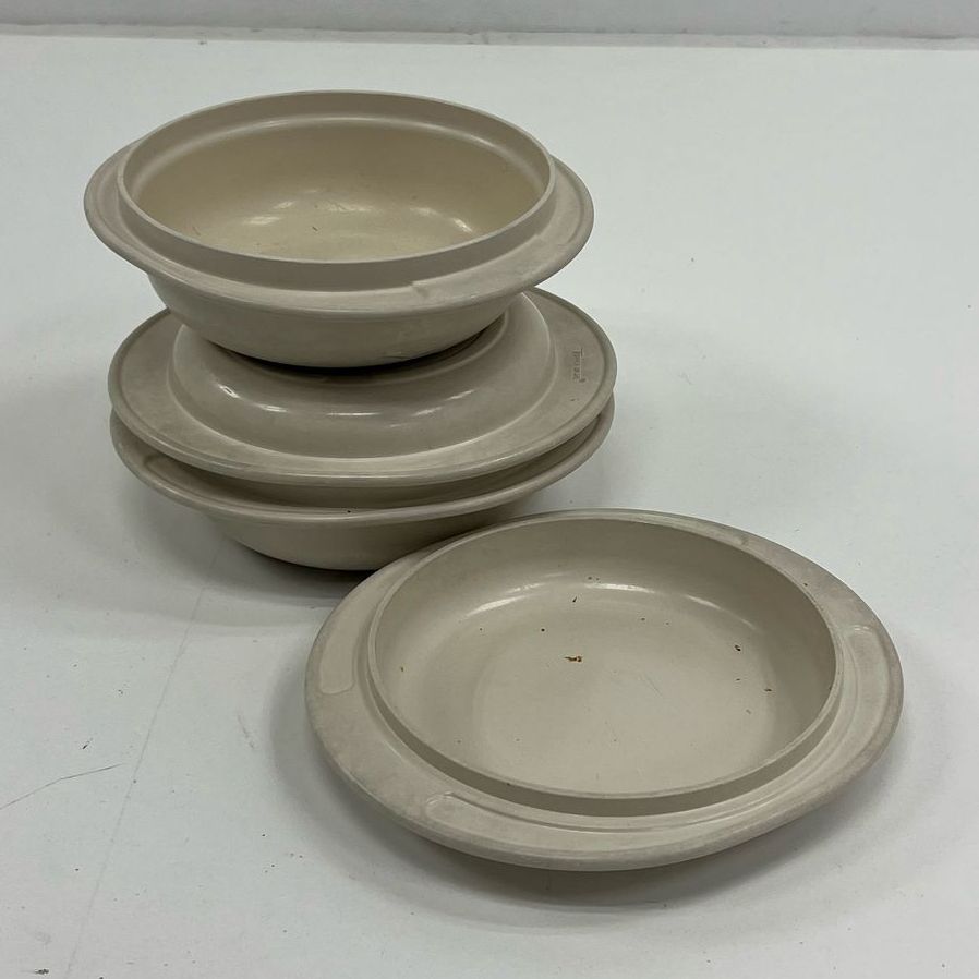 Tupperware Vintage Ultra 21 Beige Microwave 2 Cups Size Bowl Plate Lid Set Of 2