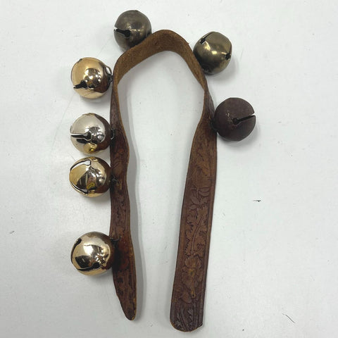Vintage Tooled Leather Strap 8 Mixed Metal Brass Sleigh Bells Holiday Decor