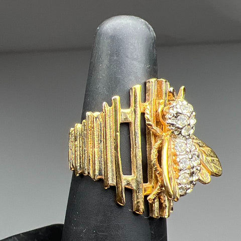 Vintage Jonette FG Gold Plate Rhinestone Bee Statement Ring Cage Band Sz 6.5