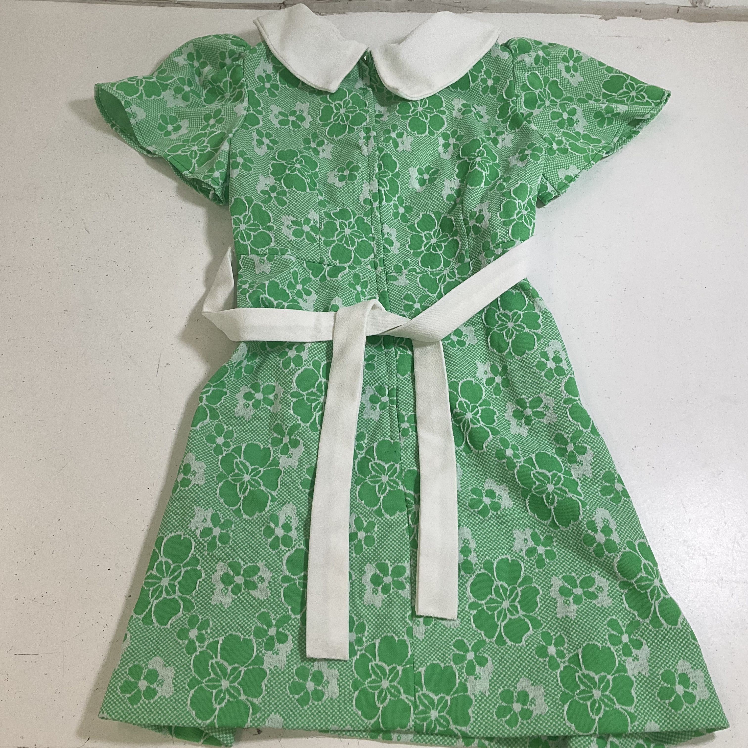 Vintage 1970s Handmade Green White Floral Knit A-Line Dress Mod Style