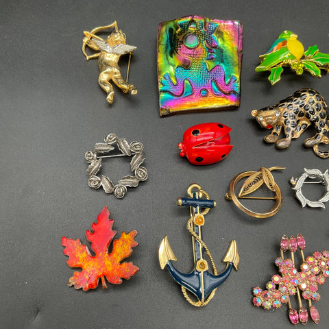 Vintage Costume Jewelry Lot 14 Brooches Animals Enamel Rhinestone Sandor Signed