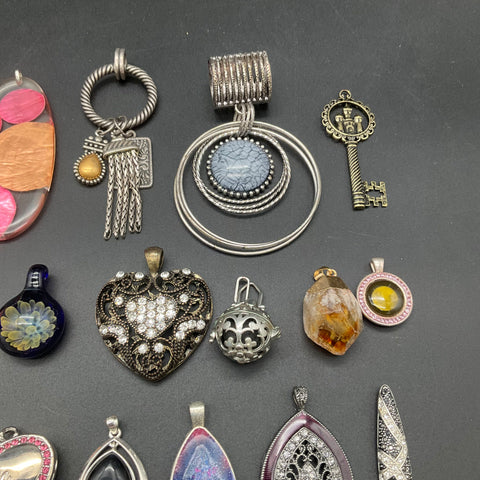Vintage and Modern Costume Jewelry Pendant Lot of 35 Hearts Crosses Stones