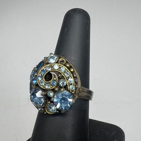 Vintage MCM Hollycraft Ring Silver Tone Blue Rhinestones *Missing Stones