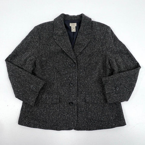 L.L. Bean Women's Gray Herringbone Wool Silk Blend Blazer Jacket Sz L