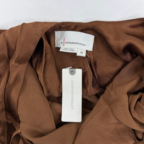 Anthropologie Women's Brown Satin Long Bell Sleeve Back Tie Mini Dress NWT Sz XS