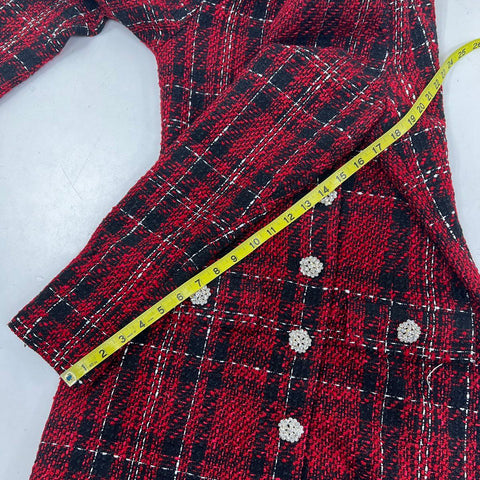 NBD Women's Red Black Plaid Tweed Crystal Button Blazer Jacket Sz M