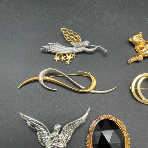 Vintage Costume Jewelry Brooch Lot of 11 Angels Celestial Cat Comet Bows