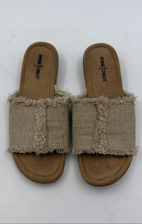 Minnetonka Natural Fabric Frayed Edge Slide Sandals Tan Women's Size 10