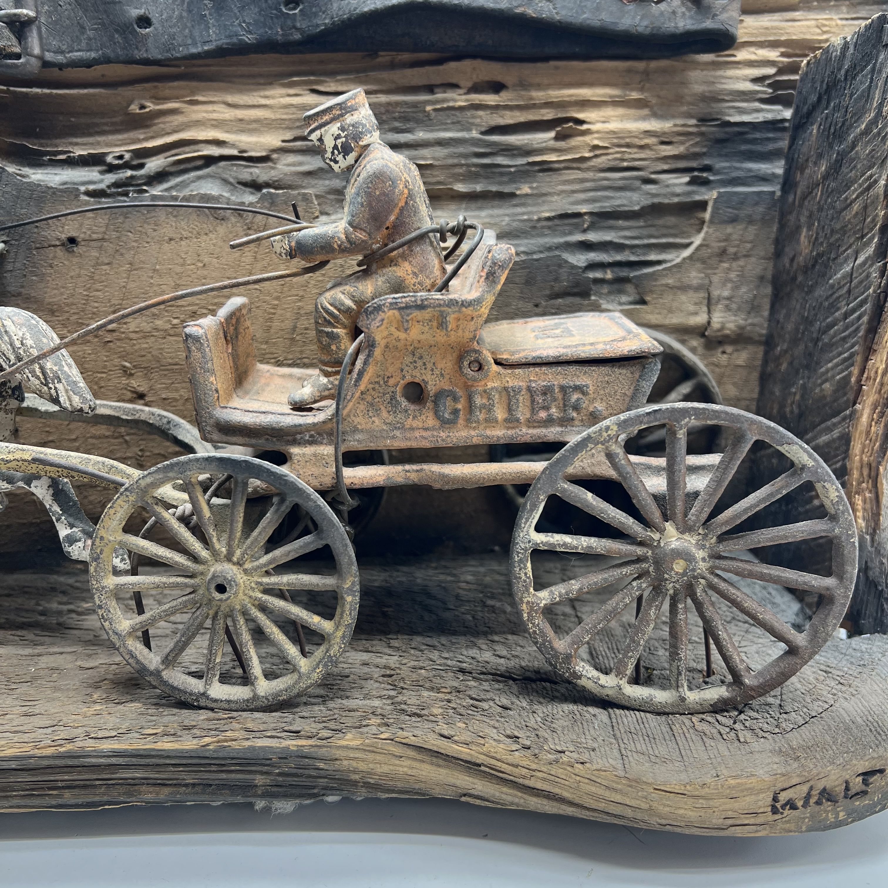 Vintage Cast Iron Police Chief Wagon Horse Primitive Folk Art Wood Display