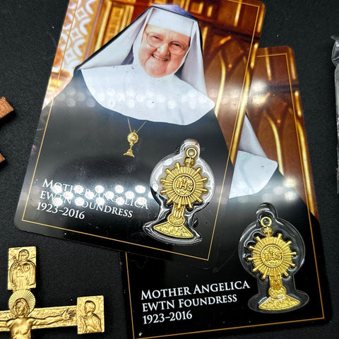 Catholic Religious Lot Medals Wooden Crosses Mezuzah Mother Angelica Pins 45pc
