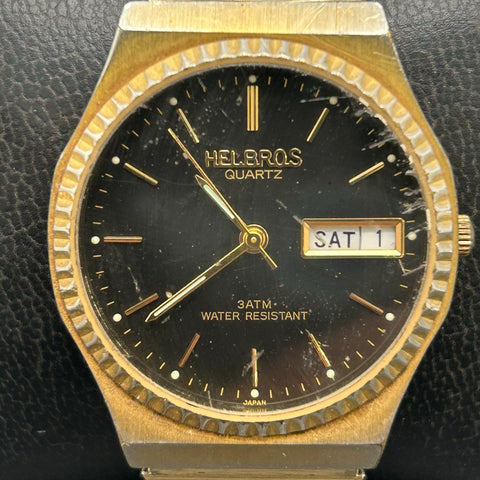 Vintage 90s Helbros Quartz Watch Gold Tone Day Date Speidel Band